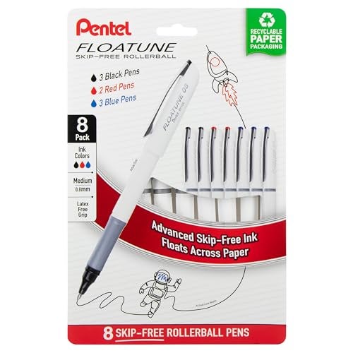 Pentel Floatune Rollerball Pen 08mm Medium Point BlackBlueRed Ink Pack of 8 pens BY108PF8OFC - Image 1
