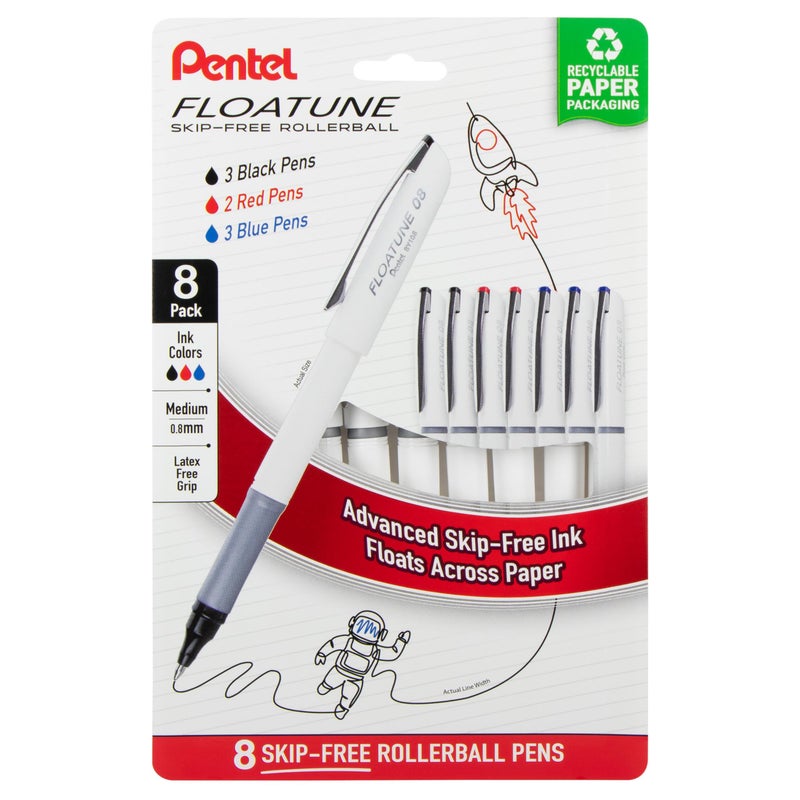 Pentel Floatune Rollerball Pen 08mm Medium Point BlackBlueRed Ink Pack of 8 pens BY108PF8OFC - Image 2