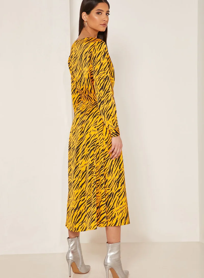 Love Moschino Logo Animal Print Pleated Maxi Dress