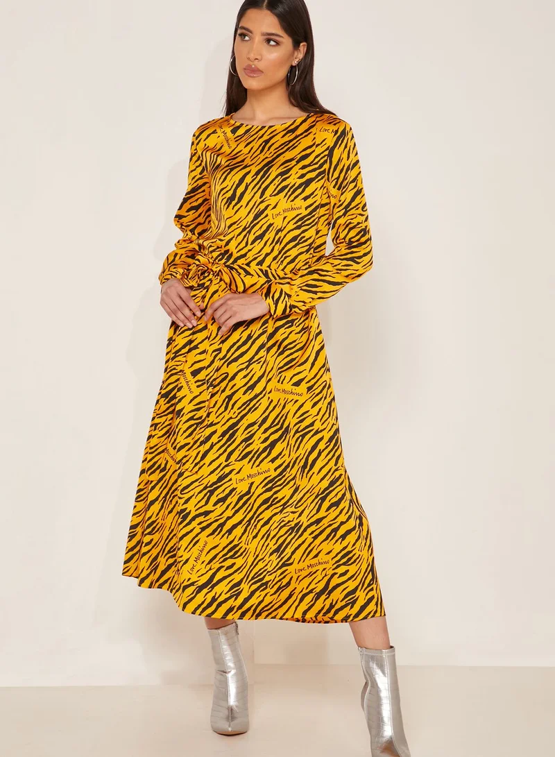 Love Moschino Logo Animal Print Pleated Maxi Dress