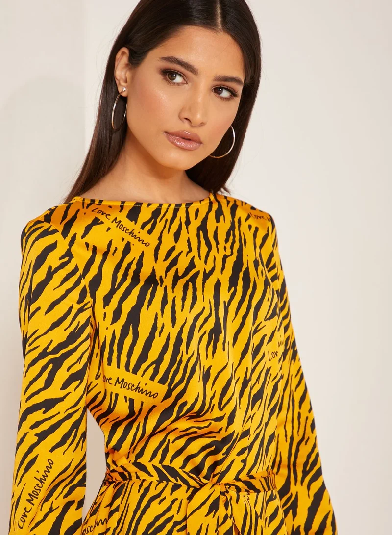 Love Moschino Logo Animal Print Pleated Maxi Dress