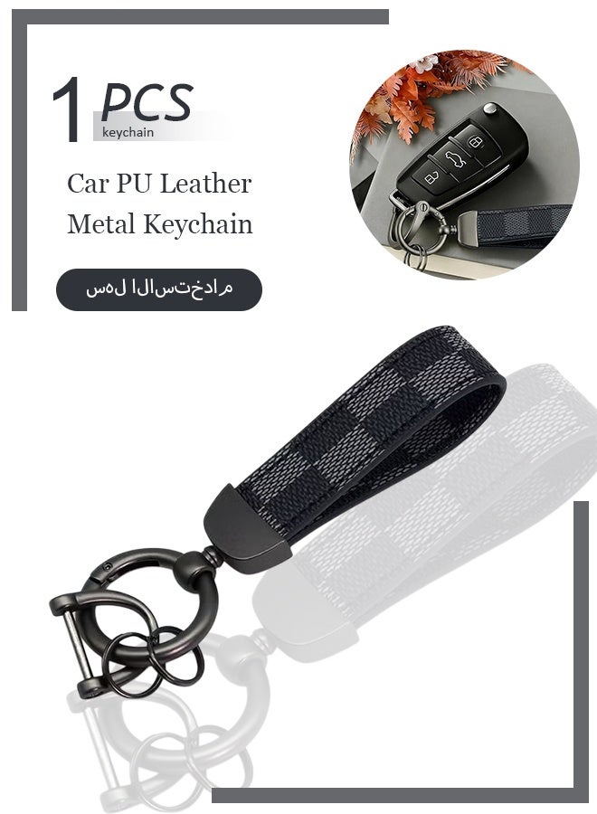 Car PU Leather Metal Keychain - Plaid Leather Zinc Alloy Ring 360° Rotating - Car Universal Wrist Band - Key School Bag Car Decoration Pendant - Black/Send a Screwdriver - Image 1
