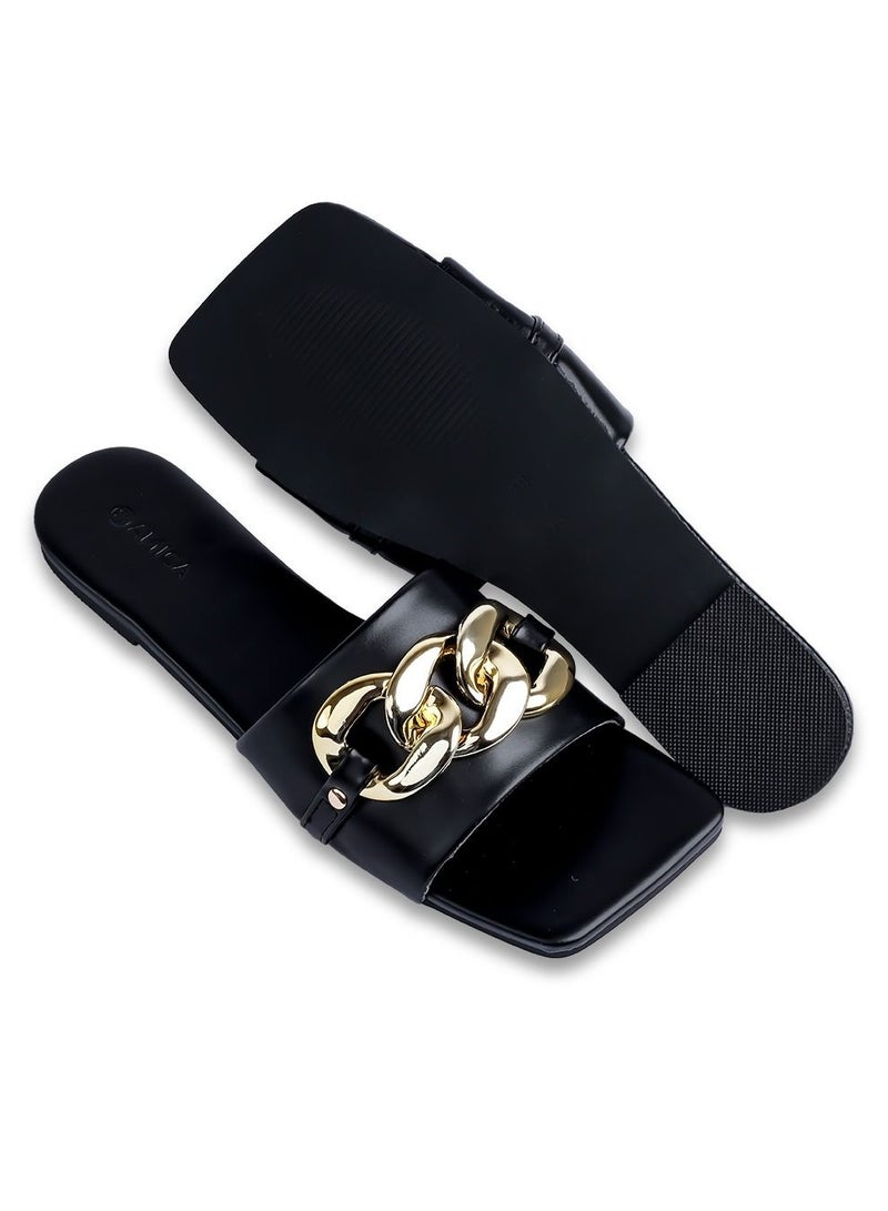AMICA Nora Women's Square Open Flat Slide Leather Sandals with Embellished Trim - Image 5
