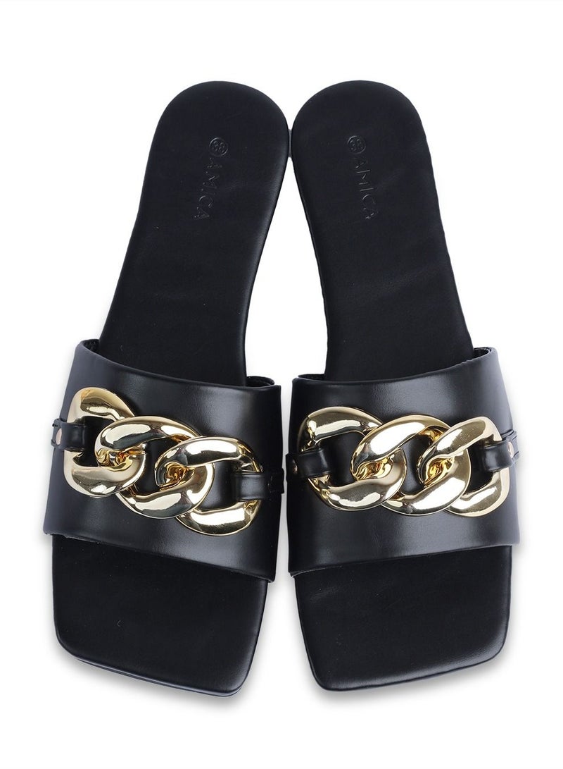 AMICA Nora Women's Square Open Flat Slide Leather Sandals with Embellished Trim - Image 2