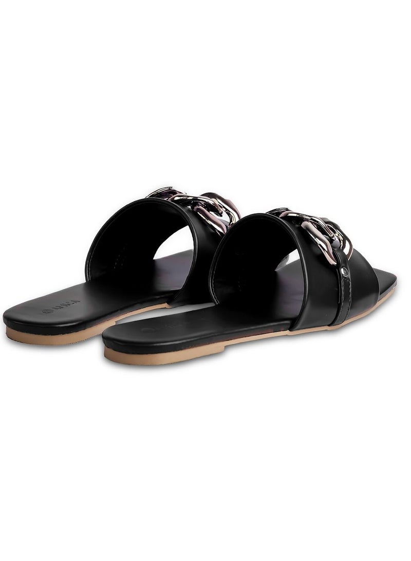 AMICA Nora Women's Square Open Flat Slide Leather Sandals with Embellished Trim - Image 4