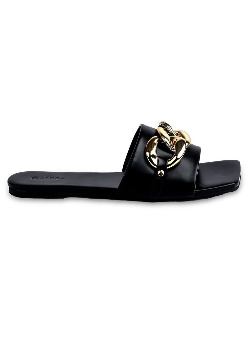 AMICA Nora Women's Square Open Flat Slide Leather Sandals with Embellished Trim - Image 1