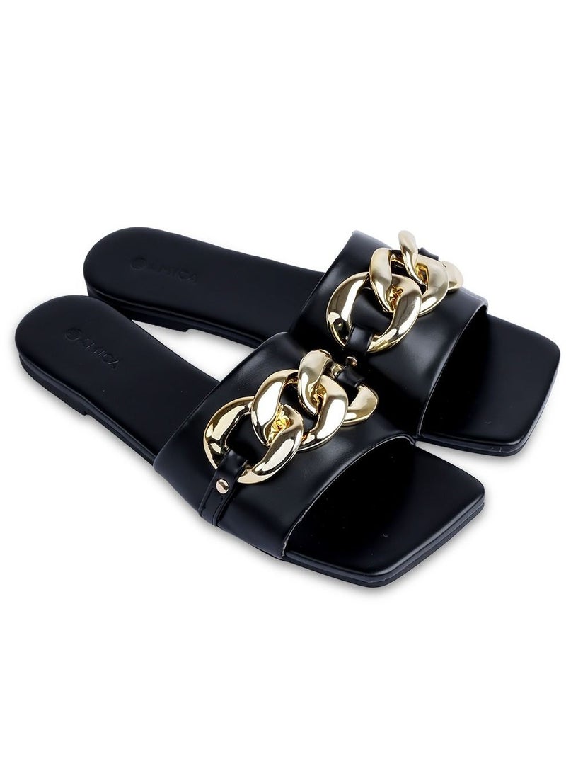 AMICA Nora Women's Square Open Flat Slide Leather Sandals with Embellished Trim - Image 3