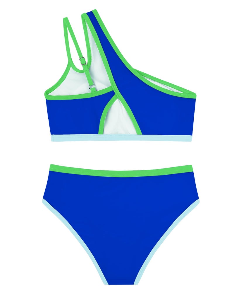 Redair Girls Swimsuits Size 10-12 Two Piece Bathing Suit Blue Color Block Bikini for Teens One Shoulder Beach Vacation - Image 5