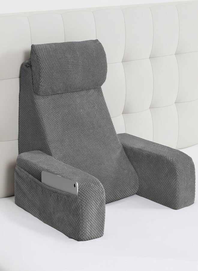 Vekkia Reading Pillow,Back Pillow for Bed Sitting Up Adult,Backrest Support Pillow with Build-in Arms & XL Pockets,Rest Chair for Reading,Gaming,Relaxing,Working or Watching TV in Bed/Floor-19'' Grey - Image 1