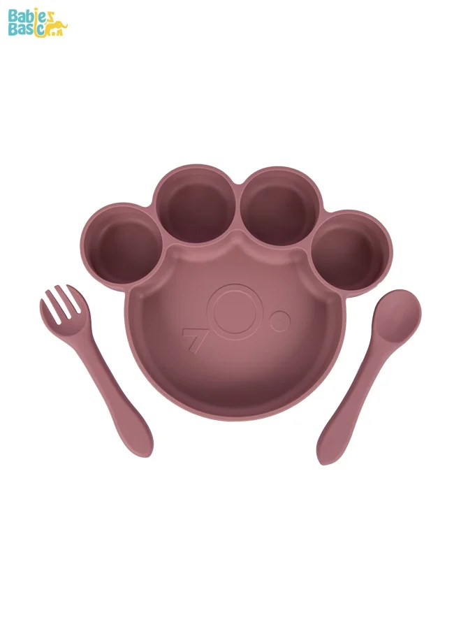 Babies Basic Feeding Set, 3 Piece, Silicone Set For Self Feeding, Learning & Fine Motor Skills Soft, Easy To Grip,Silicone Suction Plate With Silicone Spoon And Fork - Pink