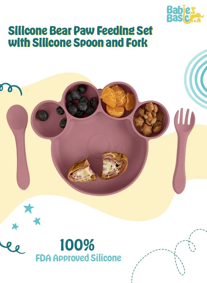 Babies Basic Feeding Set, 3 Piece, Silicone Set For Self Feeding, Learning & Fine Motor Skills Soft, Easy To Grip,Silicone Suction Plate With Silicone Spoon And Fork - Pink