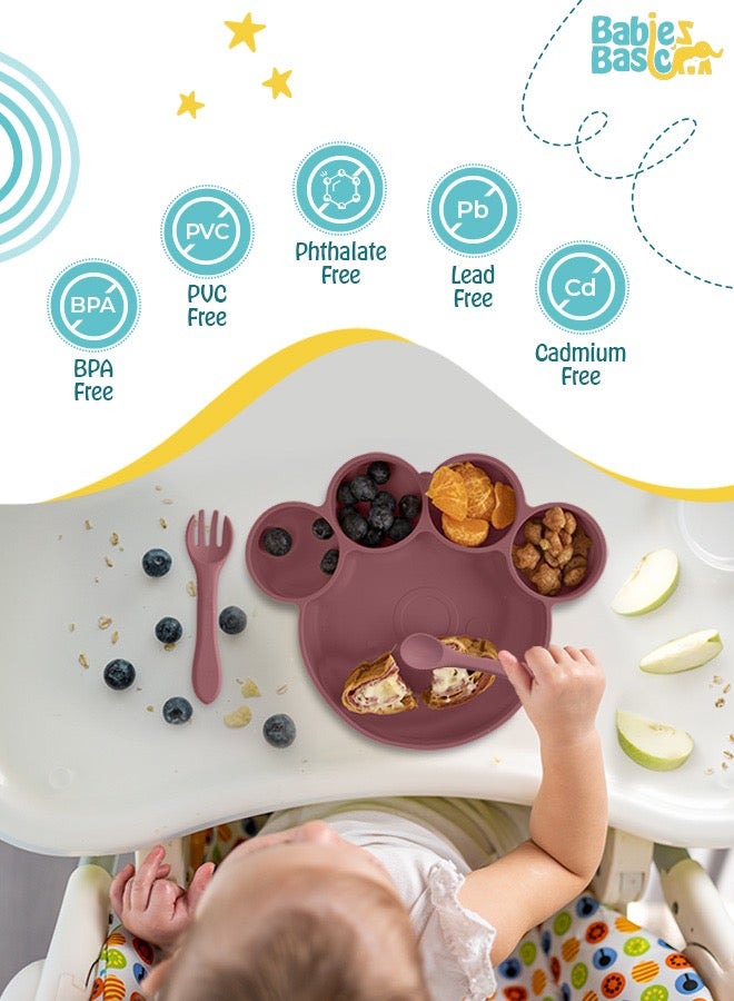 بابيز_بيسك مجموعة تغذية، 3 قطع، مجموعة سيليكون للتغذية الذاتية، سهلة الامساك، طبق سيليكون بوظيفة الشفط مع ملعقة وشوكة سيليكون. - Image 3