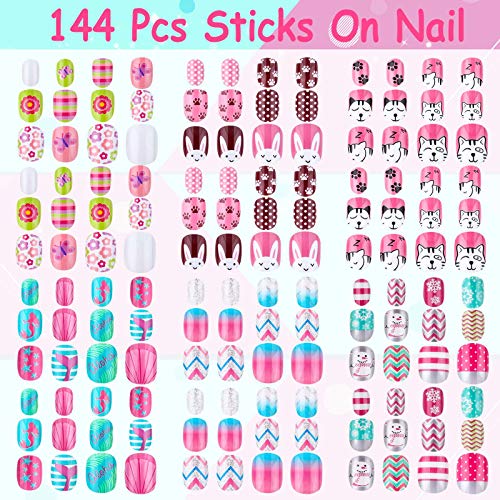 Thrilez Kids Press on Nails, Thrilez 144Pcs Girls False Nails Children Artificial Fake Nail Tips Pre Glue Stick on Short Nails Decoration Gift for Kids Teens Girls Age 7 12 (Colorful Days) - Image 3