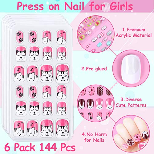 Thrilez Kids Press on Nails, Thrilez 144Pcs Girls False Nails Children Artificial Fake Nail Tips Pre Glue Stick on Short Nails Decoration Gift for Kids Teens Girls Age 7 12 (Colorful Days) - Image 4