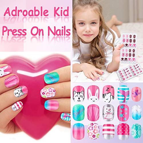 Thrilez Kids Press on Nails, Thrilez 144Pcs Girls False Nails Children Artificial Fake Nail Tips Pre Glue Stick on Short Nails Decoration Gift for Kids Teens Girls Age 7 12 (Colorful Days) - Image 2