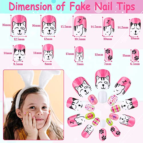 Thrilez Kids Press on Nails, Thrilez 144Pcs Girls False Nails Children Artificial Fake Nail Tips Pre Glue Stick on Short Nails Decoration Gift for Kids Teens Girls Age 7 12 (Colorful Days) - Image 5