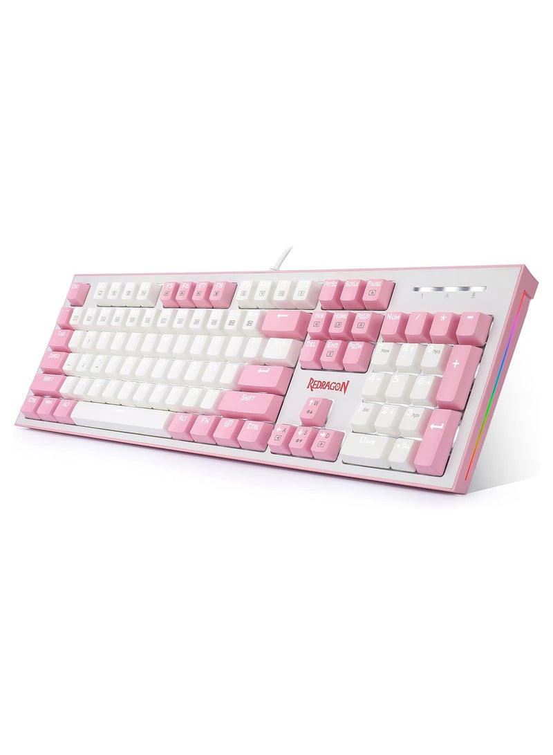 Redragon K623 HADES Dual Color Keys Mechanical Gaming Keyboard Single White LED + RGB Side Edge Backlit 104 Key Wired Computer Keyboard with Blue Switches for Windows PC || (White + Pink) - Image 1