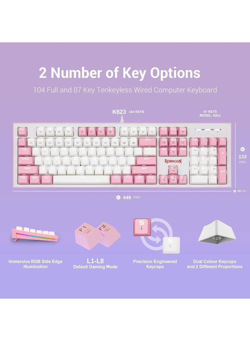 Redragon K623 HADES Dual Color Keys Mechanical Gaming Keyboard Single White LED + RGB Side Edge Backlit 104 Key Wired Computer Keyboard with Blue Switches for Windows PC || (White + Pink) - Image 4