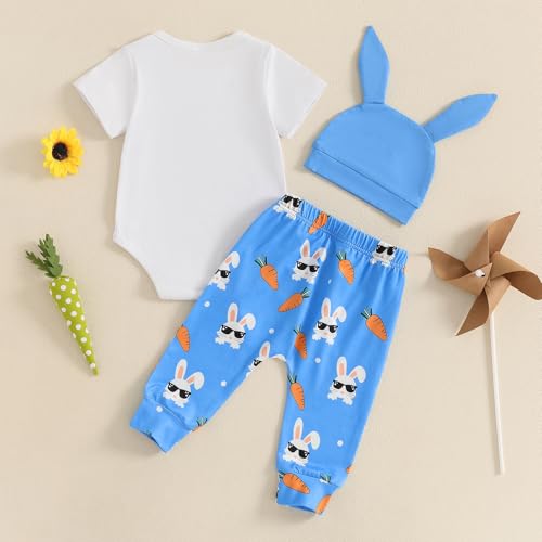 Fuethsuy My 1st Easter Newborn Baby Boy Clothes Letter Rabbit Print Crewneck Romper Carrot Bunny Pants Set 3Pcs Spring Outfit (Blue, 0-3 Months) - Image 3