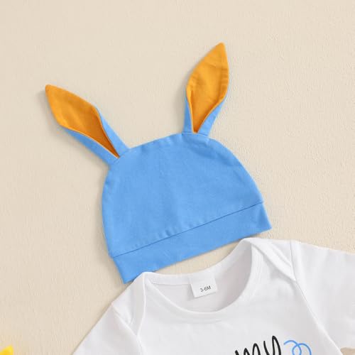 Fuethsuy My 1st Easter Newborn Baby Boy Clothes Letter Rabbit Print Crewneck Romper Carrot Bunny Pants Set 3Pcs Spring Outfit (Blue, 0-3 Months) - Image 4