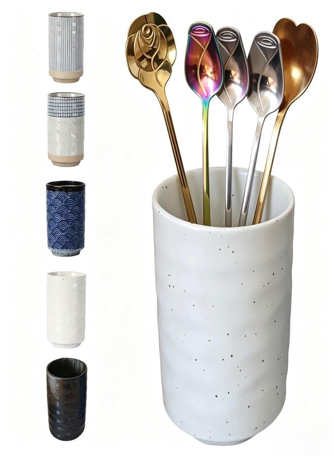 TOPYOKK Stoneware Coffee Bar Utensil Holder Tea & Coffee Spoon & Stirrer Holder for Stir Stick Straw Teaspoon Holder Spoon Cup Small Utensil Jar (Spotted White) - Image 1