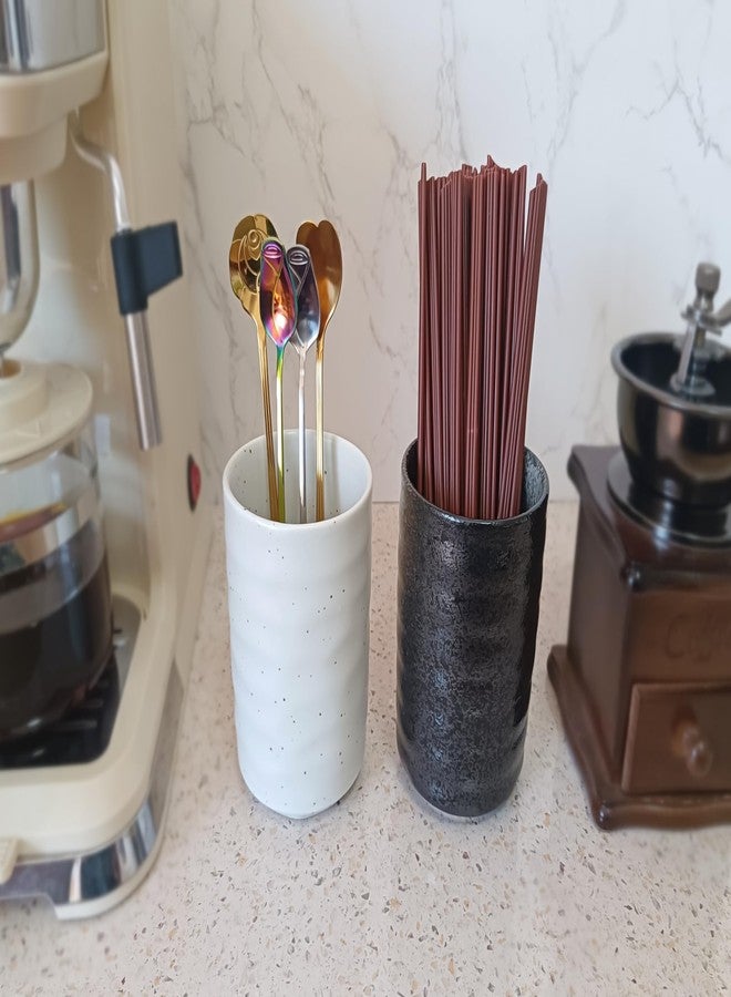 TOPYOKK Stoneware Coffee Bar Utensil Holder Tea & Coffee Spoon & Stirrer Holder for Stir Stick Straw Teaspoon Holder Spoon Cup Small Utensil Jar (Spotted White) - Image 2