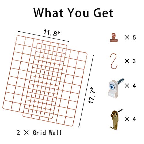 FRIADE Wall Grid Panel for Photo Display,Wall Storage Organizer ,5 Metal Clips & 3 S Hooks & 4 Nails & 4 Plastic Hanging Buckles and 4 Screws Offered,Size 17.5" x 11.8",2 Pack(Rose Gold) - Image 2