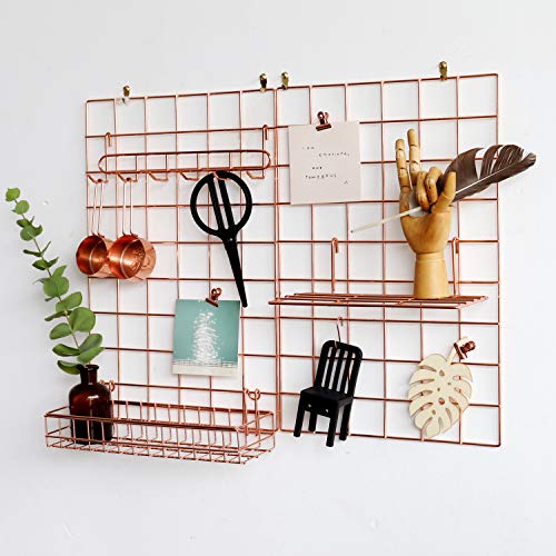 FRIADE Wall Grid Panel for Photo Display,Wall Storage Organizer ,5 Metal Clips & 3 S Hooks & 4 Nails & 4 Plastic Hanging Buckles and 4 Screws Offered,Size 17.5" x 11.8",2 Pack(Rose Gold) - Image 1