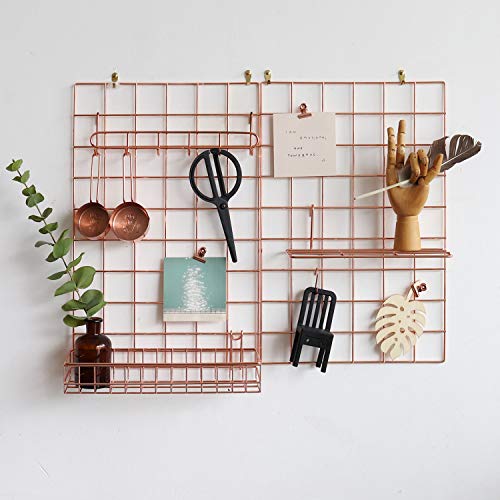 FRIADE Wall Grid Panel for Photo Display,Wall Storage Organizer ,5 Metal Clips & 3 S Hooks & 4 Nails & 4 Plastic Hanging Buckles and 4 Screws Offered,Size 17.5" x 11.8",2 Pack(Rose Gold) - Image 3