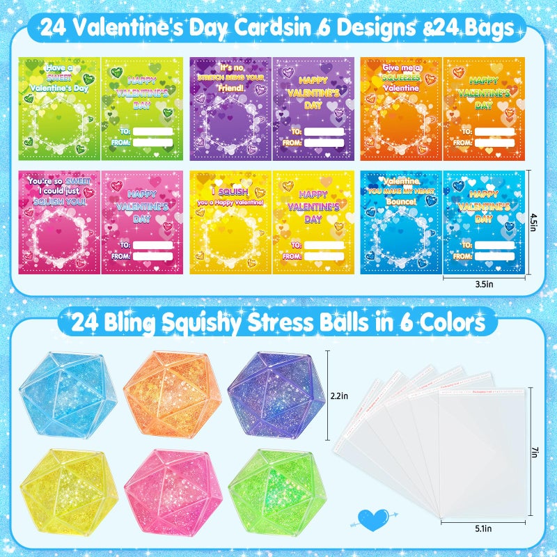 BAYSING Valentines Day Cards for Kids School, 24 Pack Glitter Stress Relief Squeeze Toys, Valentine Day Party Favors for Boys Girls, Ideal Exchange Cards for Classroom - Image 2
