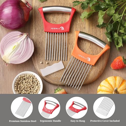 XZZWLL 2PCS Onion Slicer Holder, XZZWLL Stainless Steel Onion Cutter for Slicing and Storage Onions, Tomato, Eggs and Vegetables, Protective Cover Included, Dishwasher Safe (Stylish Orange+ Red Color) - Image 3