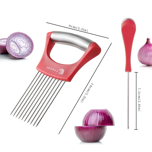 XZZWLL 2PCS Onion Slicer Holder, XZZWLL Stainless Steel Onion Cutter for Slicing and Storage Onions, Tomato, Eggs and Vegetables, Protective Cover Included, Dishwasher Safe (Stylish Orange+ Red Color) - Image 2