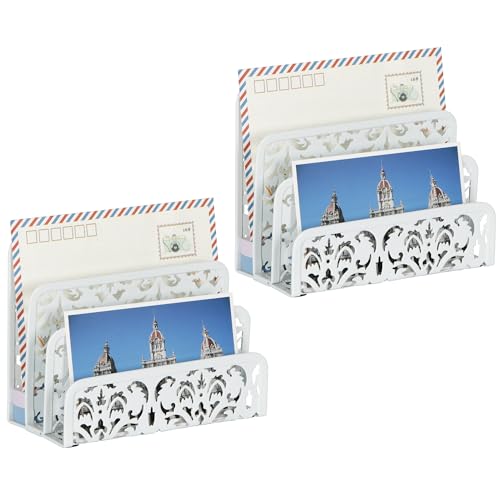 EasyPAG 2 Pack Mail Organizer with Hollow Floral Design, Metal Desktop Letter Sorter – 3 Compartments, No Assembly, Anti-Slip Feet for Office/Home Desk, White - Image 2