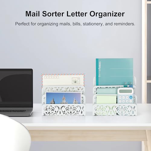 EasyPAG 2 Pack Mail Organizer with Hollow Floral Design, Metal Desktop Letter Sorter – 3 Compartments, No Assembly, Anti-Slip Feet for Office/Home Desk, White - Image 3