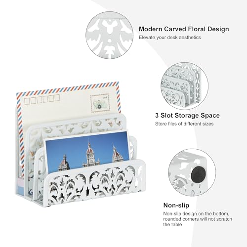 EasyPAG 2 Pack Mail Organizer with Hollow Floral Design, Metal Desktop Letter Sorter – 3 Compartments, No Assembly, Anti-Slip Feet for Office/Home Desk, White - Image 4