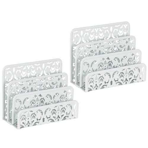EasyPAG 2 Pack Mail Organizer with Hollow Floral Design, Metal Desktop Letter Sorter – 3 Compartments, No Assembly, Anti-Slip Feet for Office/Home Desk, White - Image 1