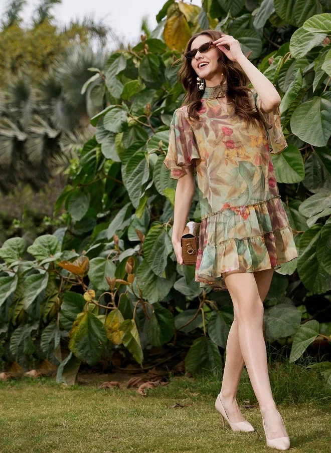 SASSAFRAS Floral Printed Cut-Out Mini Dress for Women