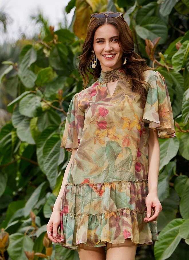 SASSAFRAS Floral Printed Cut-Out Mini Dress for Women
