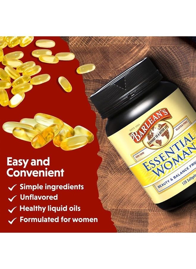 BARLEAN'S - Essential Woman Capsules, Hormonal Balance Supplement for Women, Flaxseed, Evening Primrose Oil & Soy Isoflavones, Omega 3 6 9 and GLA for Healthy Hair and Skin, 120 Count - Image 1