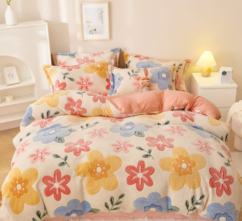 LMONMOO Pink Duvet Cover Twin Fluffy Comforter Cover Set Kawaii Bedding Sets for Girl Ultra Soft Cute Floral Bed Set for Kids Flower Twin