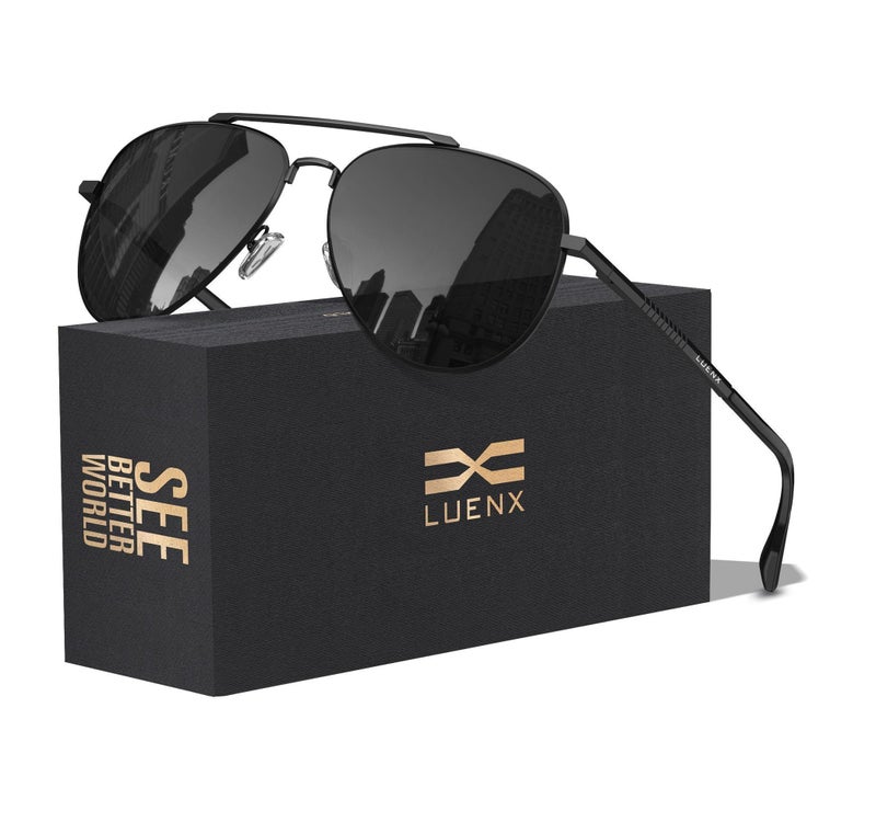 LUENX Aviator Sunglasses for Men Womens Polarized Driving Shades Black Lens Black Metal Frame Classic Style 60mm - Image 1