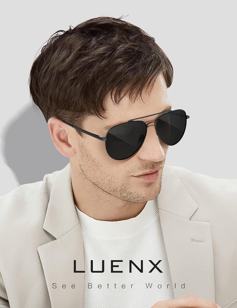 LUENX Aviator Sunglasses for Men Womens Polarized Driving Shades Black Lens Black Metal Frame Classic Style 60mm - Image 2