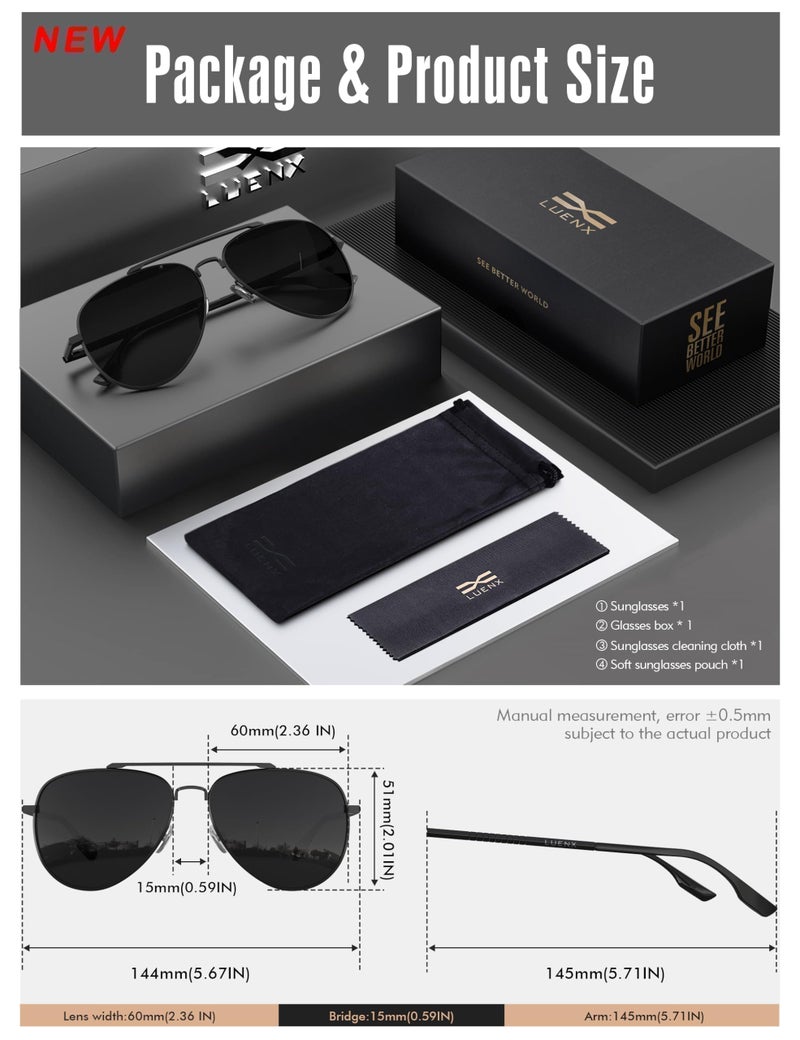 LUENX Aviator Sunglasses for Men Womens Polarized Driving Shades Black Lens Black Metal Frame Classic Style 60mm - Image 3