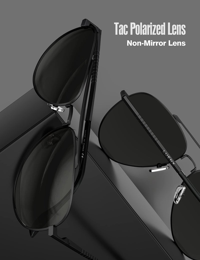 LUENX Aviator Sunglasses for Men Womens Polarized Driving Shades Black Lens Black Metal Frame Classic Style 60mm - Image 4