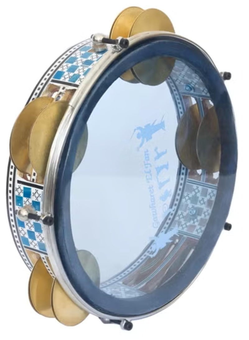 Oriental Wooden Riq Tambourine Req Traditional Egyptian Hand Drum Handmade Req Rek Mosaic Design Handheld Percussion Musical Instrument with 22cm Plastic Drumhead & Jingles - Image 1