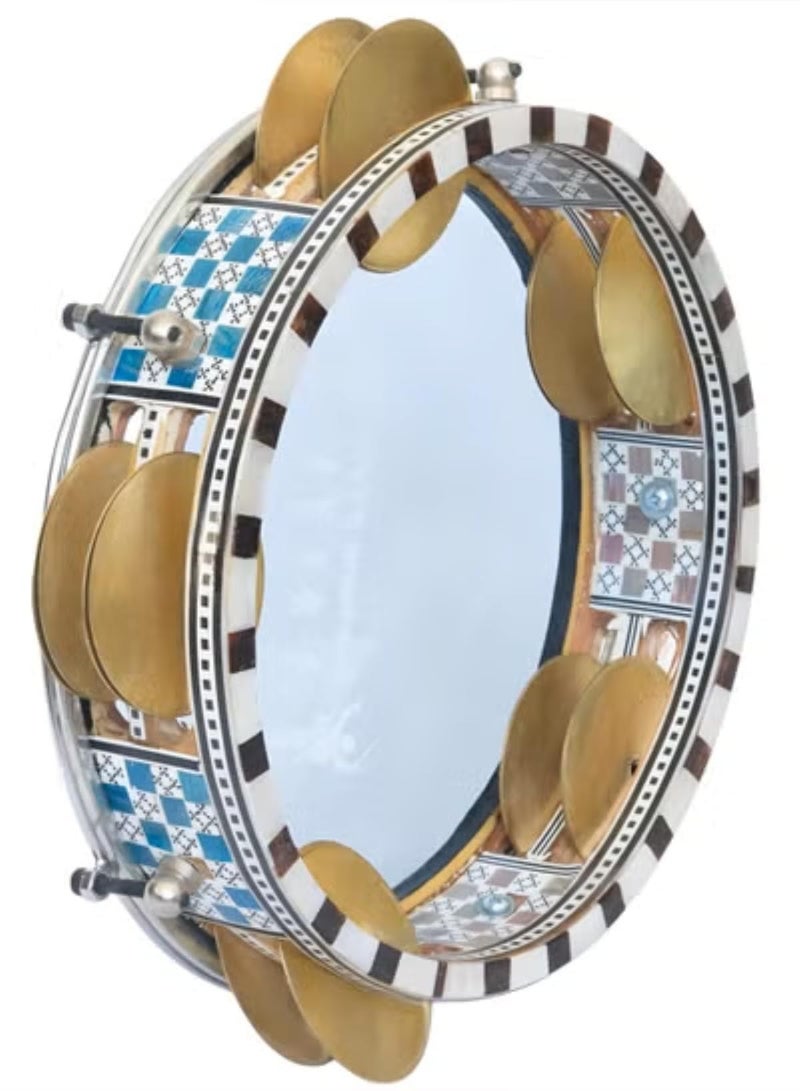 Oriental Wooden Riq Tambourine Req Traditional Egyptian Hand Drum Handmade Req Rek Mosaic Design Handheld Percussion Musical Instrument with 22cm Plastic Drumhead & Jingles - Image 2