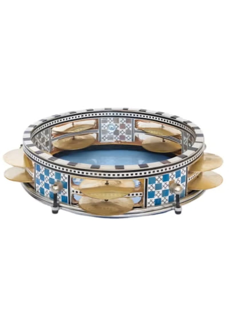 Oriental Wooden Riq Tambourine Req Traditional Egyptian Hand Drum Handmade Req Rek Mosaic Design Handheld Percussion Musical Instrument with 22cm Plastic Drumhead & Jingles - Image 3