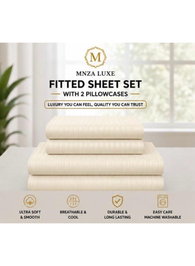 MNZA LUXE طقم شرشف سرير مطاطي من المايكروفايبر بتصميم خطوط 1 سم، يشمل شرشف سرير مطاطي واحد + 2 غطاء وسادة | فائق النعومة، قابل للتنفس ومقاوم للتجاعيد | لون كريمي - Image 4