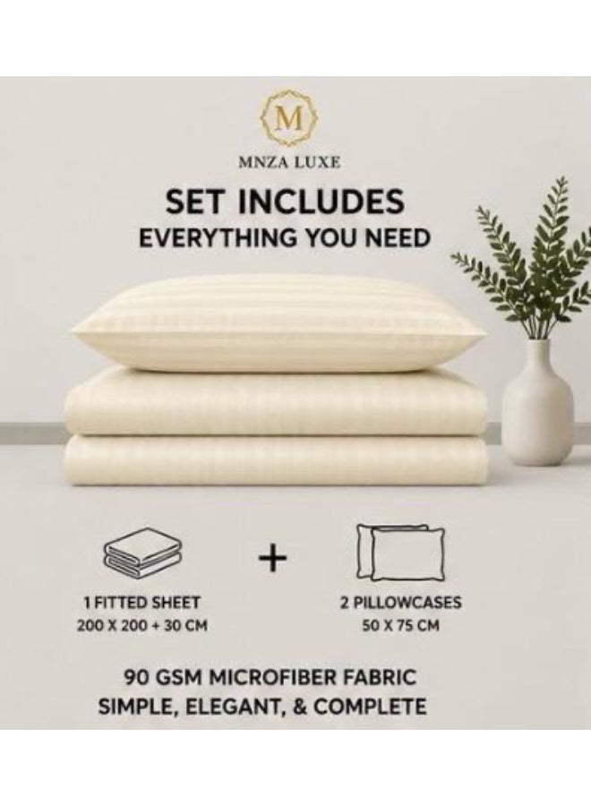 MNZA LUXE طقم شرشف سرير مطاطي من المايكروفايبر بتصميم خطوط 1 سم، يشمل شرشف سرير مطاطي واحد + 2 غطاء وسادة | فائق النعومة، قابل للتنفس ومقاوم للتجاعيد | لون كريمي - Image 2