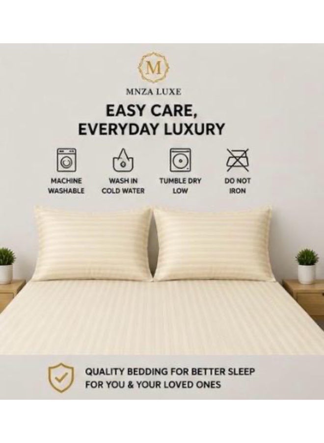 MNZA LUXE طقم شرشف سرير مطاطي من المايكروفايبر بتصميم خطوط 1 سم، يشمل شرشف سرير مطاطي واحد + 2 غطاء وسادة | فائق النعومة، قابل للتنفس ومقاوم للتجاعيد | لون كريمي - Image 3